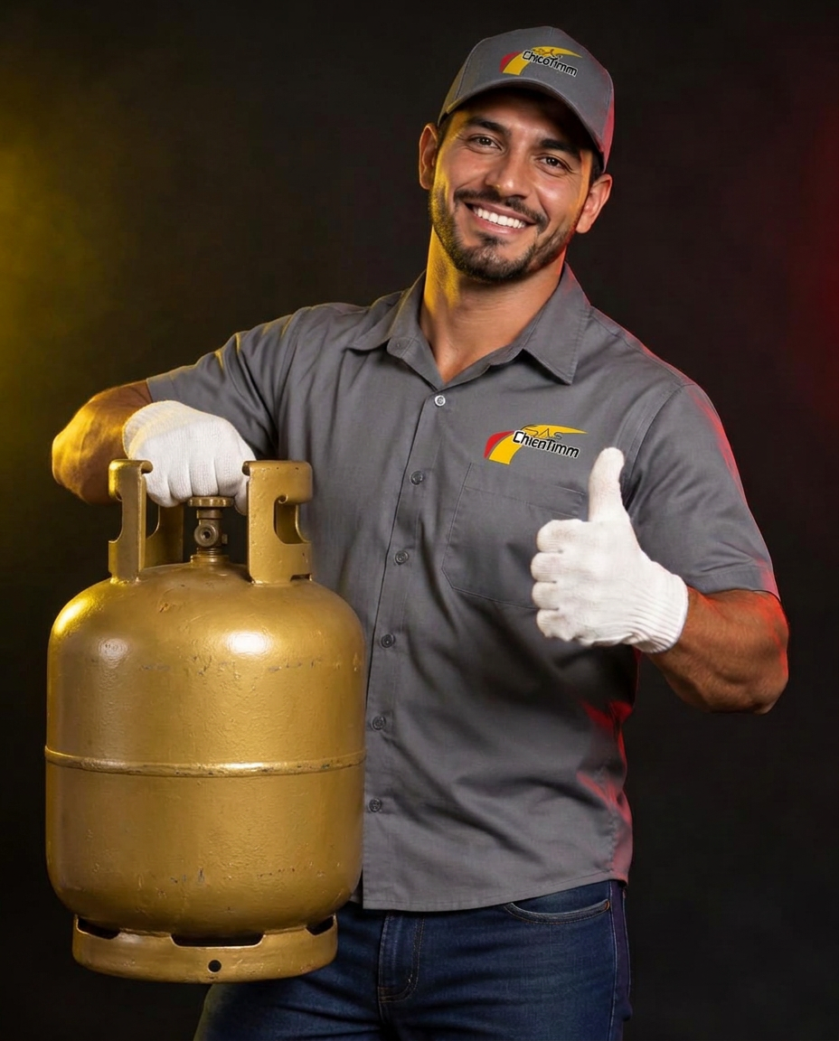 Entregador Chico Timm segurando botijão de gás P13 na posição vertical